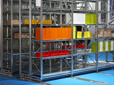 Products sitting on shelving in a warehouse